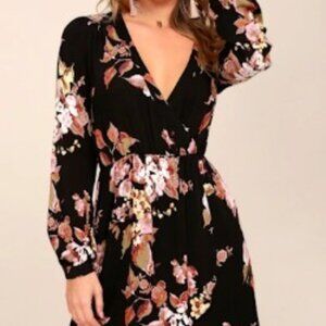 Lulu’s In Bloom Black Floral Long Sleeve Faux Wrap Mini Dress (S) - LIKE NEW